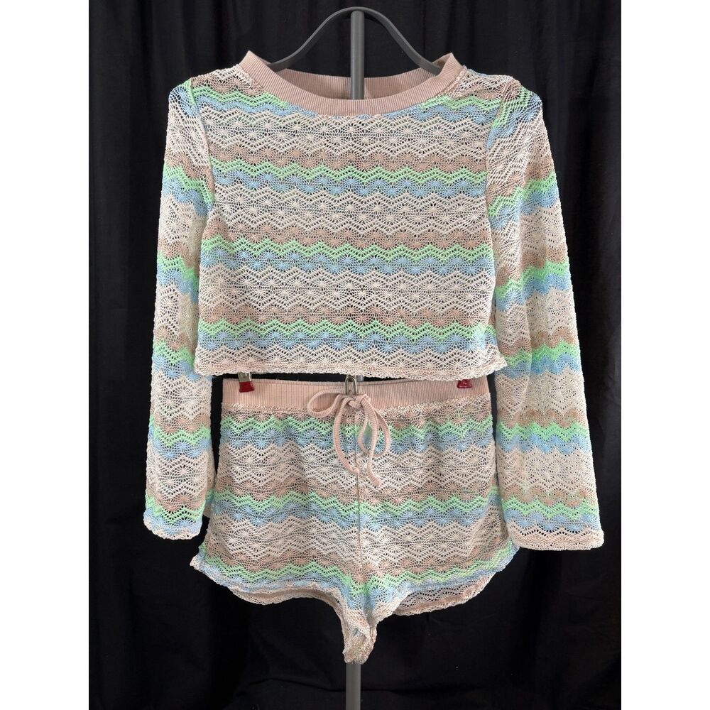 Wild Fable Crochet Knit 2 Piece Crop Top Shorts Set XS Pastel Beach Festival